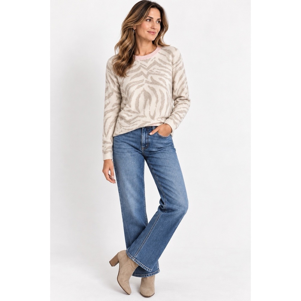 Kinross Cashmere 100% Cashmere Zebra Print Sweater Small Pink Cream Quiet Luxury